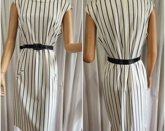 Vintage Pinstripe Dress from the 1960s Sleeveless, Handmade, Collared, Size Large