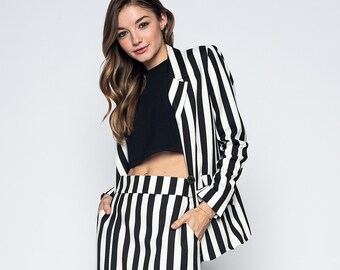 Black and White Striped Blazer - Etsy