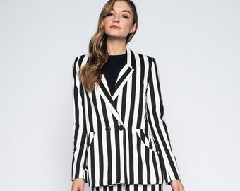 Black and White Striped Blazer | Elegant Woman's Blazer | Blazer Casual | Blazer Beetle Juice Halloween | Wednesday Addams Style