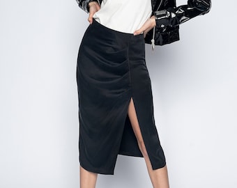 Black Silk Skirt | Slip Skirt | Women's Skirt Silk | Slit Skirt | Elegant Midi Skirt