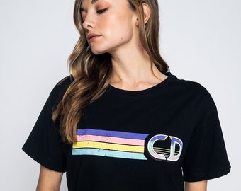 CD T-Shirt Regenbogen 80er Jahre Kunstdruck | Schwarzes Damen-T-Shirt