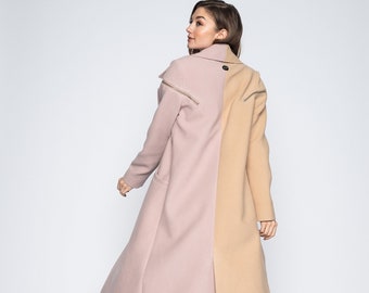 Beige and Lavender Wool Coat | Two-toned Fall / Winter Jacket | Silver Hardware | Purple Lining