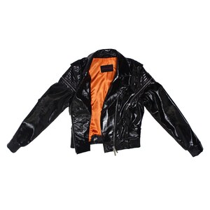 Black Patent Leather Jacket Motorcycle Jacket Glossy Biker Jacket Silver Hardware Orange Lining image 7