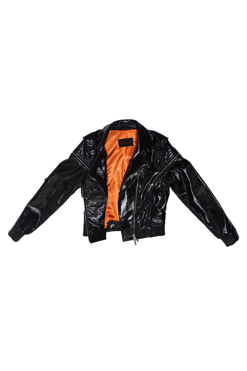 Black Patent Leather Jacket Motorcycle Jacket Glossy Biker Jacket Silver Hardware Orange Lining image 7