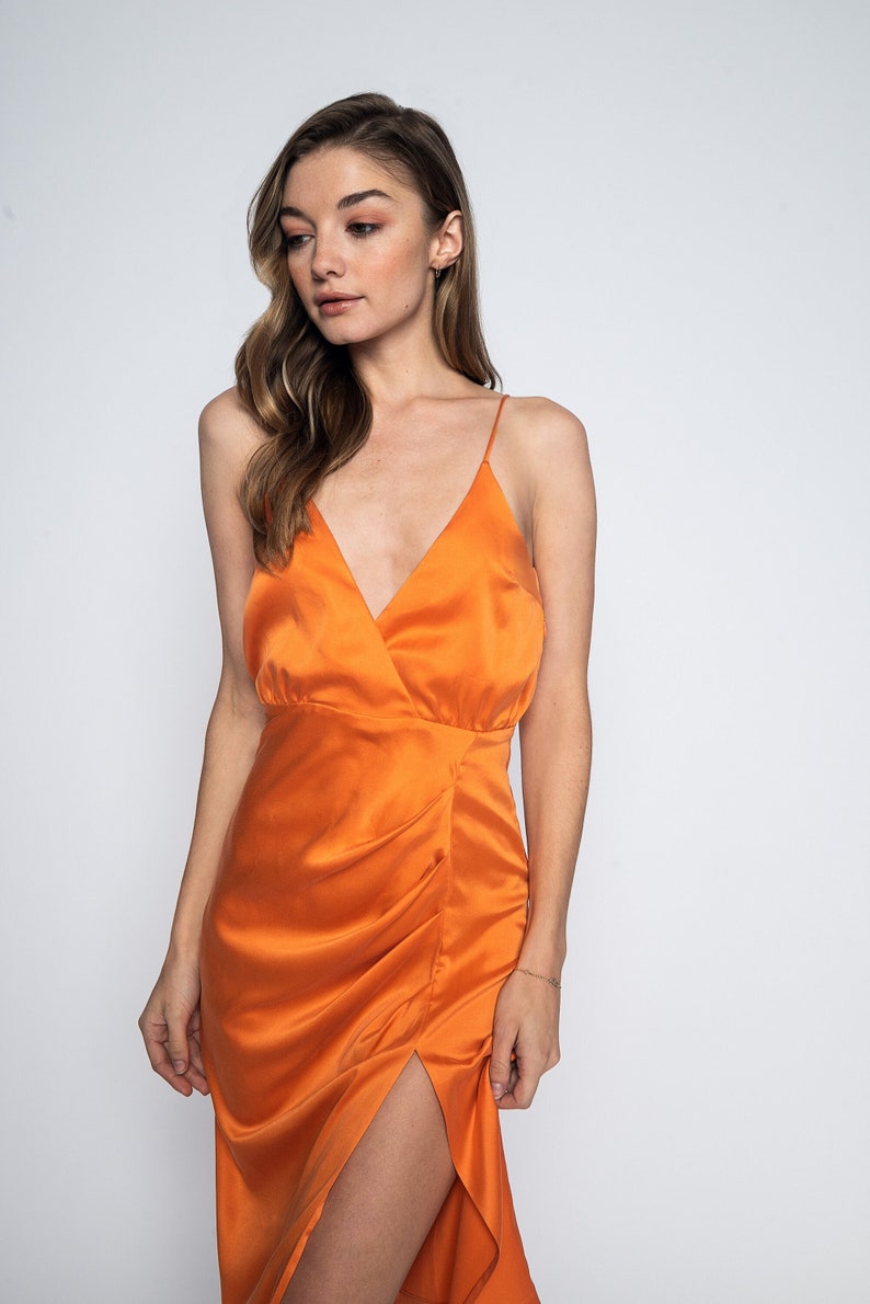 Orange Silk Dress Slip Silk Dress Bridesmaid Dress Midi Slip Dress image 3