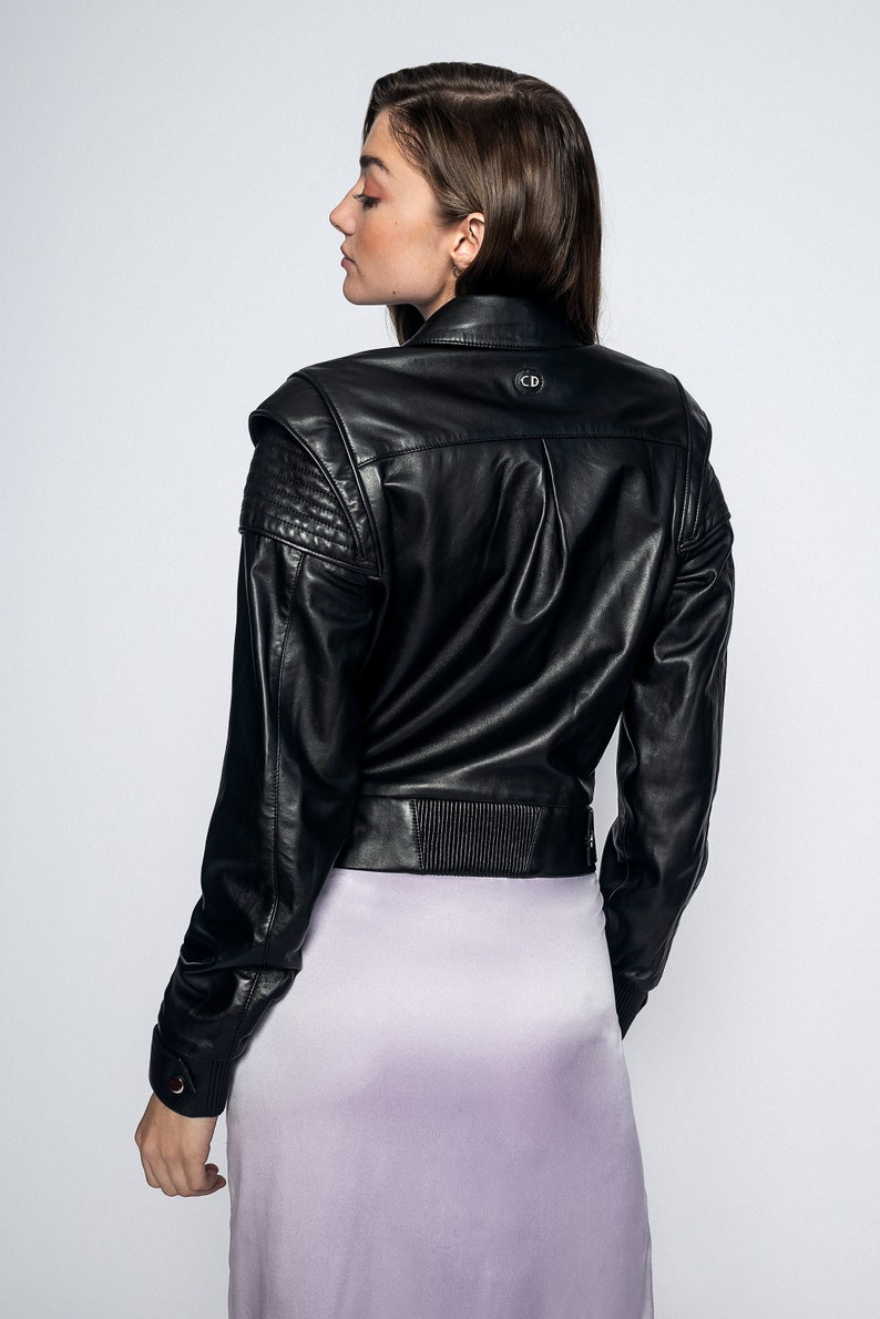 Black Leather Jacket Biker Style Motorcycle Women's Jacket Silver Hardware Purple Lining image 3