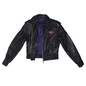 Black Leather Jacket Biker Style Motorcycle Women's Jacket Silver Hardware Purple Lining image 4