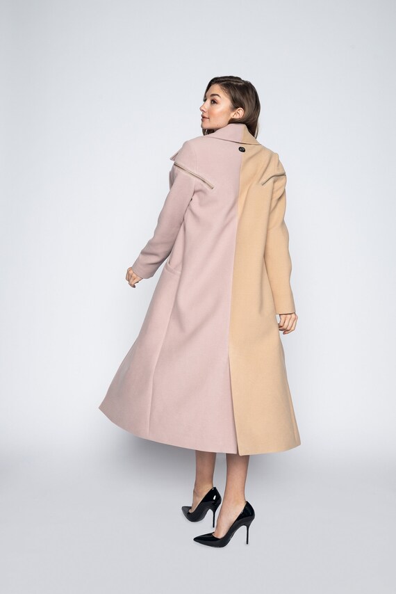 Beige and Lavender Wool Coat Two toned Fall Winter Jacket Silver
