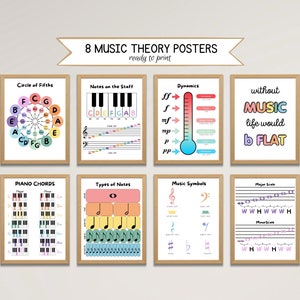 May include: Eight framed music theory posters, ready to print. The posters include topics such as the Circle of Fifths, notes on the staff, dynamics, piano chords, types of notes, music symbols, and major and minor scales. The phrase "without music life would b flat" is also displayed.
