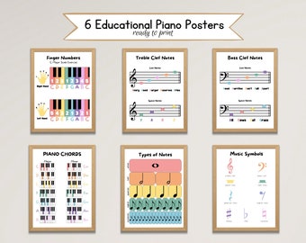 May include: Six printable educational piano posters with colorful illustrations. The posters cover finger numbers, treble clef notes, bass clef notes, piano chords, types of notes, and music symbols.