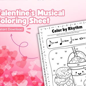 Valentine&#39;s Themed Color by Rhythm, Fun Music Theory Coloring Worksheet, Printable Music Activity, Learning Rhythm Notes, Piano