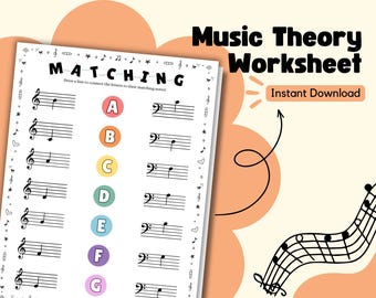 Werkblad muziektheorie, bijpassende muziekalfabetoefeningen, muzieknoten, pianotheorie, leermiddelen, toetsletters piano
