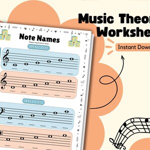 Op de afbeelding: Een printbaar muziektheorie-werkblad met de titel "Music Theory Worksheet" en de ondertitel "Direct downloaden". Het werkblad bevat een vioolsleutel en een basssleutel met lege vakjes waar leerlingen de noten kunnen invullen. Het werkblad is ontworpen voor kinderen en heeft een kleurrijke achtergrond met muzieknoten en sterren.