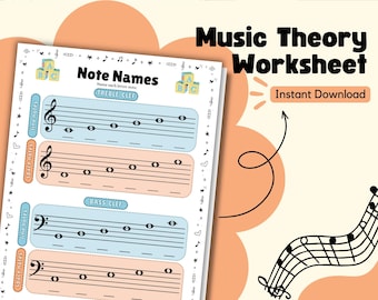 Leuk werkblad muziektheorie, leer namen van noten en bassleutels, afdrukbaar materiaal voor muziekles voor docenten en studenten
