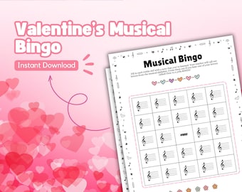 Valentine's Themed Musical Bingo, Fun Printable Music Note Recognition Game, Music Theory Classroom Activity for Students, Teachers