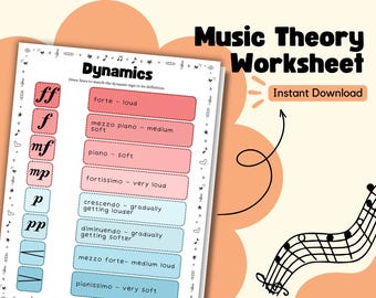 Music Theory Worksheet: Dynamic Signs (Forte, Piano, Crescendo, Diminuendo) - Printable PDF for Music Students & Teachers, Digital Download