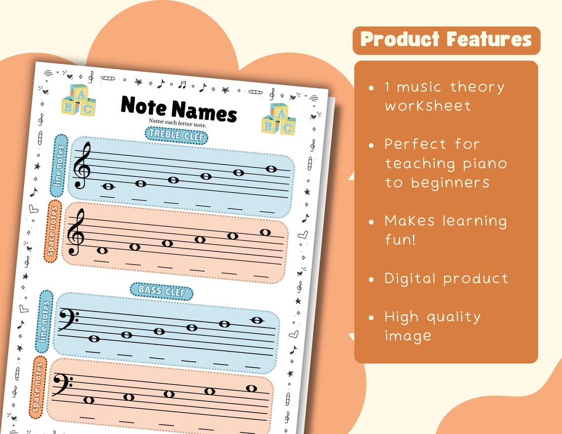 Fun Music Theory Worksheet, Learn Treble & Bass Clef Note Names ...