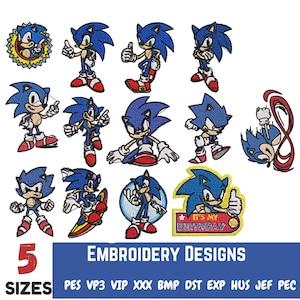Könnte beinhalten: Ein Set mit 12 Stickdateien, die Sonic the Hedgehog in verschiedenen Posen zeigen. Die Designs sind in 5 Größen und 10 Dateiformaten erhältlich, darunter PES, VP3, VIP, XXX, BMP, DST, EXP, HUS, JEF und PEC. Die Designs zeigen Sonic beim Laufen, Springen und Daumen hoch. Ein Design zeigt Sonic, der ein Schild mit der Aufschrift "Es ist mein Geburtstag" hält.