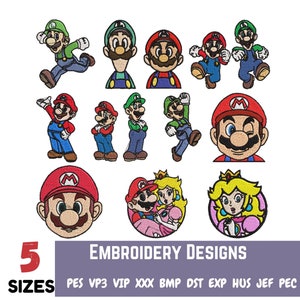 File per ricamo con disegno di Mario, file per ricamo con macchina, bundle di disegni per ricamo con macchina Super Mario, Luigi e Yoshi, personaggio del gioco, design dei cartoni animati