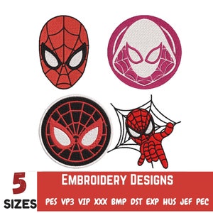May include: Five embroidery designs of Spider-Man in different poses. The designs are in red, black, and white. The designs are available in five sizes: PES, VP3, VIP, XXX, BMP, DST, EXP, HUS, JEF, and PEC.