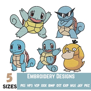 May include: Five embroidery designs of Squirtle, a Pokemon character, in different poses. The designs are available in five sizes: PES, VP3, VIP, XXX, BMP, DST, EXP, HUS, JEF, and PEC.