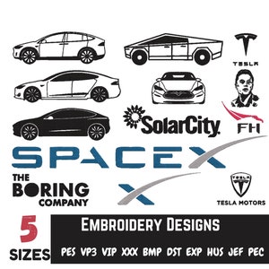 Könnte beinhalten: Stickmuster mit Tesla-Autos, Logos und Marken. Enthält das Tesla-Logo, SolarCity, SpaceX und The Boring Company. Der Text "5 GRÖSSEN" und "STICKEREIDESIGNS" sind ebenfalls vorhanden.