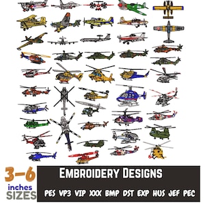 Könnte beinhalten: Ein Set mit 36 Stickmustern, die verschiedene Hubschrauber und Flugzeuge in verschiedenen Farben zeigen. Die Designs sind in Größen von 3 bis 6 Zoll erhältlich. Der Text "EMBROIDERY DESIGNS" wird am unteren Rand des Bildes angezeigt, zusammen mit einer Liste der Dateiformate: PES, VP3, VIP, XXX, BMP, DST, EXP, HUS, JEF und PEC.