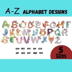 Diseños de bordado del alfabeto Paquete de alfabeto de animales Archivo Pes Diseños de bordado a máquina del alfabeto A-Z Archivo de bordado 5 tamaños