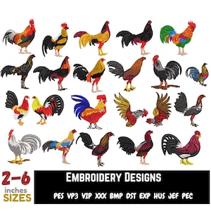 Könnte beinhalten: Ein Set mit 20 Stickmustern, die Hähne in verschiedenen Farben und Posen zeigen. Die Designs sind in den Größen 2-6 Zoll und in Formaten wie PES, VP3, VIP, XXX, BMP, DST, EXP, HUS, JEF und PEC erhältlich.