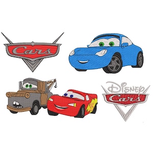 May include: Embroidered designs featuring characters and logos from the Disney Cars movie. Includes Lightning McQueen, Mater, Sally, and Cars logo designs in red, blue, and gray.