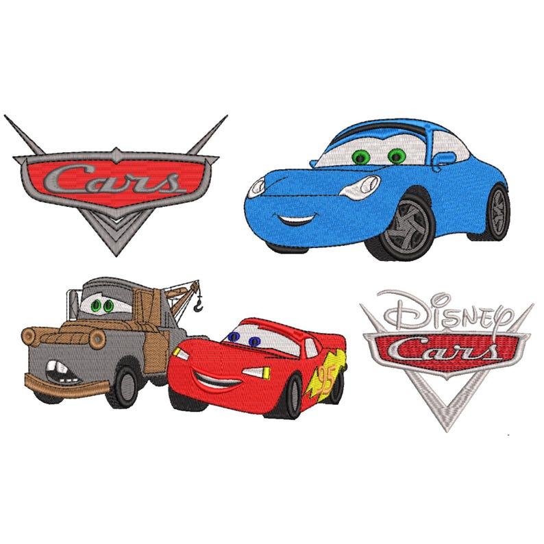 May include: Embroidered designs featuring characters and logos from the Disney Cars movie. Includes Lightning McQueen, Mater, Sally, and Cars logo designs in red, blue, and gray.