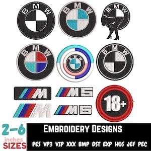 Puede incluir: Una colección de diseños de bordado con logotipos de BMW y emblemas de la serie M. Los diseños incluyen el logotipo redondo clásico de BMW en varios esquemas de color, logotipos de la serie M y un diseño 18+. Tamaños de 5 a 15 cm.