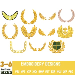 Op de afbeelding: Een set van 10 borduurmotieven met kransen, lauweren en andere decoratieve elementen. De ontwerpen zijn beschikbaar in verschillende formaten, waaronder PES, VP3, VIP, XXX, BMP, DST, EXP, HUS, JEF en PEC. De ontwerpen zijn 3-6 inch groot.