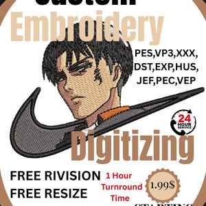 May include: An embroidery digitising service advertisement featuring the text Custom Embroidery and Digitising. The graphic displays an anime-style character head positioned above a black swoosh logo, with file formats PES, VP3, XXX, DST, EXP, HUS, JEF, PEC, VEP listed.