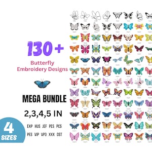 Könnte beinhalten: Eine Sammlung von über 130 Schmetterlings-Stickmustern in einem Mega-Paket. Die Designs sind in vier Größen erhältlich: 2, 3, 4 und 5 Zoll. Die Stickdateien sind in folgenden Formaten verfügbar: EXP, HUS, JEF, PES, PCS, PES VIP, VP3, XXX und DST.