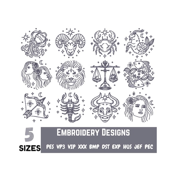 Zodiac Signs Embroidery Design Zodiac Embroidery File Star Sign Embroidery Design Horoscope Astrology astrological Constellations Star Signs