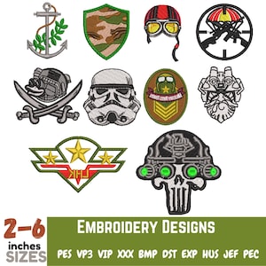 Puede incluir: Un conjunto de 10 diseños de bordado con temas militares y patrióticos. Los diseños incluyen una calavera, una estrella, un soldado, un casco, un ancla y más. Los diseños están disponibles en una variedad de tamaños, de 5 a 15 cm.