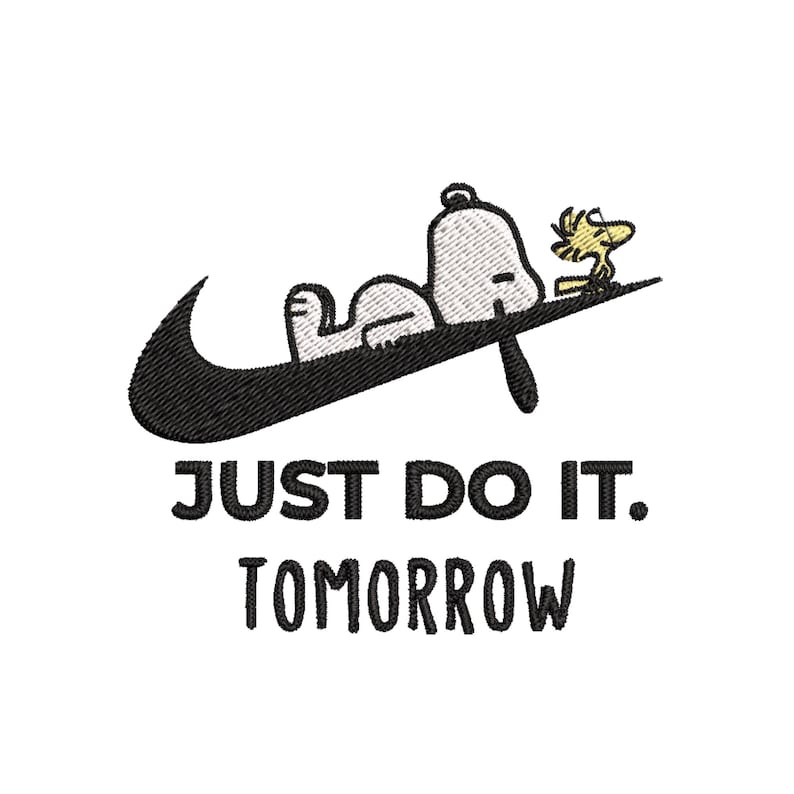 Peut inclure: Illustration noir et blanc de Snoopy allong&eacute; sur un swoosh Nike noir avec le texte "Just Do It. Tomorrow".
