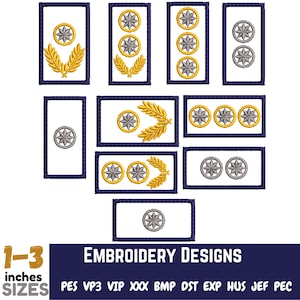 May include: Set of 10 embroidery designs for 1-3 inch patches. The designs feature various combinations of stars and wreaths in gold and silver.
