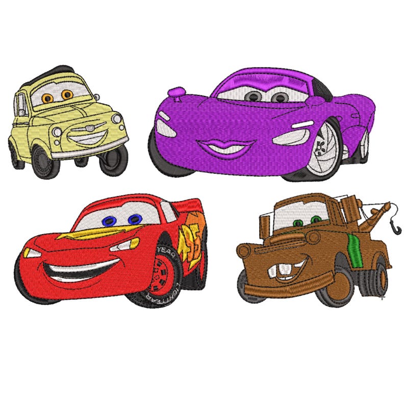 May include: Four embroidered cartoon cars in yellow, purple, red, and brown. The yellow car has a smiling face, the purple car has a sleek design, the red car has a racing theme, and the brown car is a tow truck.