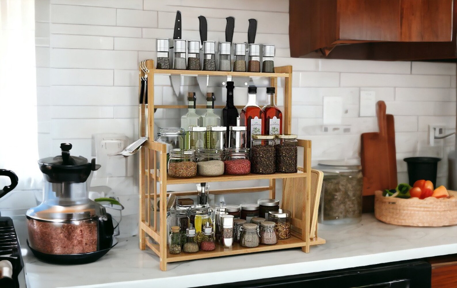 3-Tier Bamboo Spice Rack For Countertop, Wall Mounted Spice Holder Rack