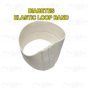 May include: A white elastic loop band featuring the text DIABETES ELASTIC LOOP BAND in yellow letters with a black outline. The band is circular and made of a woven fabric material with a visible vertical seam detail on the front side.