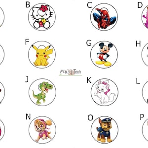 May include: A set of 16 colourful cartoon character stickers. The stickers feature characters like Barbie, Hello Kitty, Spiderman, a pink monster, Captain America, Pikachu, Mickey Mouse, Minnie Mouse, Iron Man, a dinosaur, a white cat, a panda, a unicorn, a dog, a police dog, and Sonic the Hedgehog.