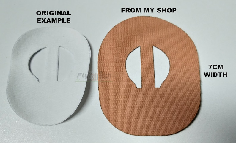 Puede incluir: Dos parches de tela con una forma recortada. El parche de la izquierda es blanco y el parche de la derecha es marr&oacute;n. El texto "FROM MY SHOP" y "7CM WIDTH" es visible en la imagen.