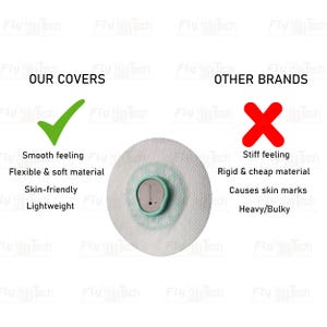 May include: A comparison graphic featuring a circular white adhesive patch with a central light green and silver sensor. Text reads: OUR COVERS, Smooth feeling, Flexible & soft material, Skin-friendly, Lightweight, OTHER BRANDS, Stiff feeling, Rigid & cheap material, Causes skin marks, Heavy/Bulky.