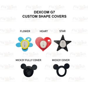 May include: A collection of Dexcom G7 custom shape covers featuring five designs: a blue flower, a red heart, a black star, a solid black mouse-ear shape labelled MICK3Y FULLY COVER, and a black mouse-ear outline labelled MICK3Y COVER.