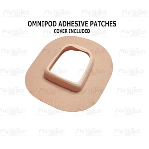 以下が含まれることがあります： Omnipod粘着パッチ、カバー付き。パッチは薄いタン色で、中央に長方形の開口部があります。カバーは薄いタン色で、パッチより高くなっています。