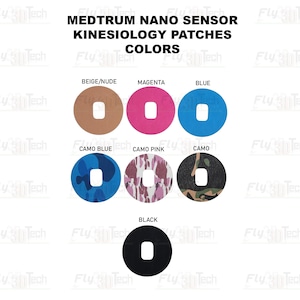 Op de afbeelding: Medtrum Nano Sensor kinesiologiepleisters in zeven kleuren: beige/nude, magenta, blauw, camo blauw, camo roze, camo en zwart. Elke ronde pleister heeft een rechthoekige uitsparing in het midden en is voorzien van kleurlabels.