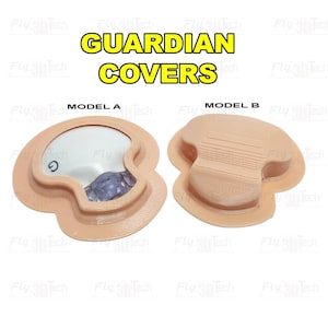 Puede incluir: Dos fundas Guardian Covers, etiquetadas como Modelo A y Modelo B. El Modelo A muestra un dispositivo blanco con un símbolo de encendido y un componente transparente dentro. El Modelo B muestra el exterior texturizado. Texto Guardian Covers.