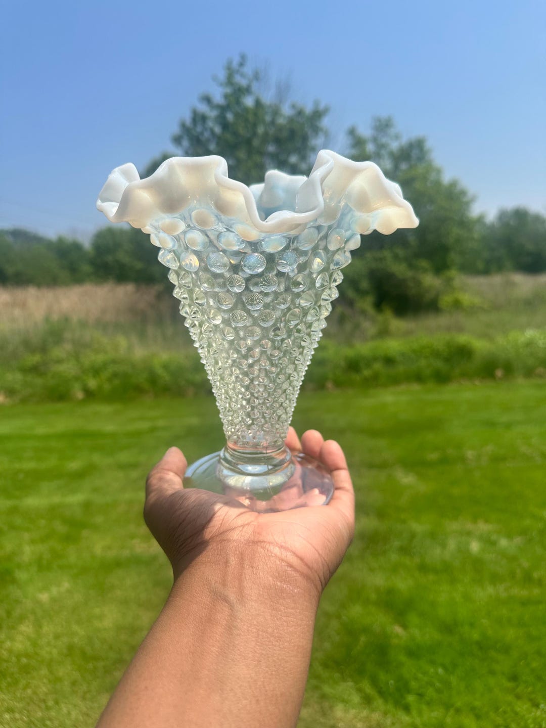 Fenton French Opalescent Hobnail Footed Vase Double Crimped - Etsy